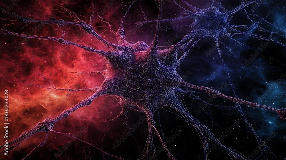 Poster abstract representation of interconnected neurons in vibrant colors illustrating neural activity