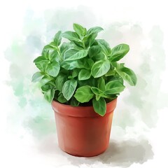Fototapeta premium Lush Green Mint Plant in Terracotta Pot A Watercolor-Style Illustration.