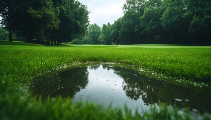 Lush Green Golf Course Reflection: Tranquil Puddle Mirroring Trees and Sky, Serene Nature Scene