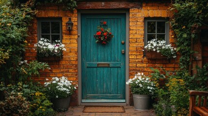 Charming Teal Door Cottage Entrance