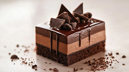高級パティスリーの多層チョコレートケーキとカカオ破片 | 洗練された味