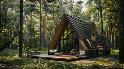 Modern A-frame cabin nestled in a serene forest surrounded by lush greenery and tall pine trees, with cozy outdoor seating and natural light creating a peaceful escape into nature and relaxation.
