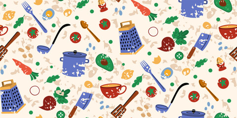 Kitchen pattern. Food, culinary healthy, cooking fresh ingredients, utensils, tableware set for vegetables. Textile, wrapping, wallpaper. Print for fabric. Vector seamless tidy cartoon illustration