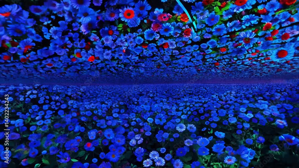 Poster parallax scroll e-ink display video of a wall of flowers that shift from red to blue eustomas as per