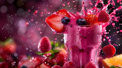 Vibrant splash of fresh berry smoothie in a glass with flying strawberries, raspberries, blueberries, and juice drops captured mid-air on a colorful bokeh background for healthy food and drink concept