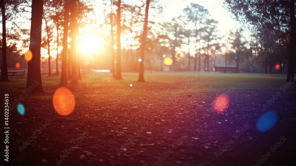 Poster Golden sunlight filters through trees in a tranquil park setting, highlighting the soft retro vibes and adding an ethereal quality to the serene landscape