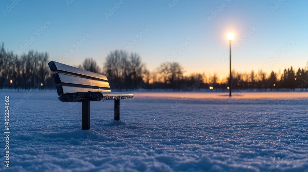 Poster a tranquil park blanketed in fresh snow features a single bench and a softly glowing lamppost, creat
