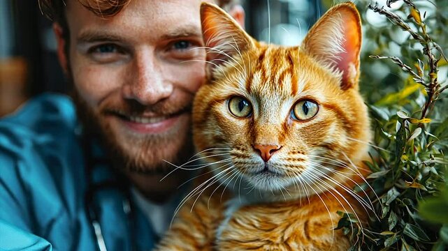Close-up selfie of a smiling man with his ginger cat