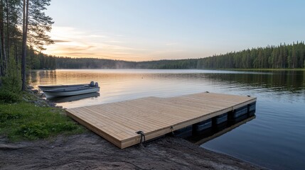 A small wooden dock reaches into a misty lake at dawn, with a rowboat tied to it, while the calm water mirrors the gentle light of the rising sun