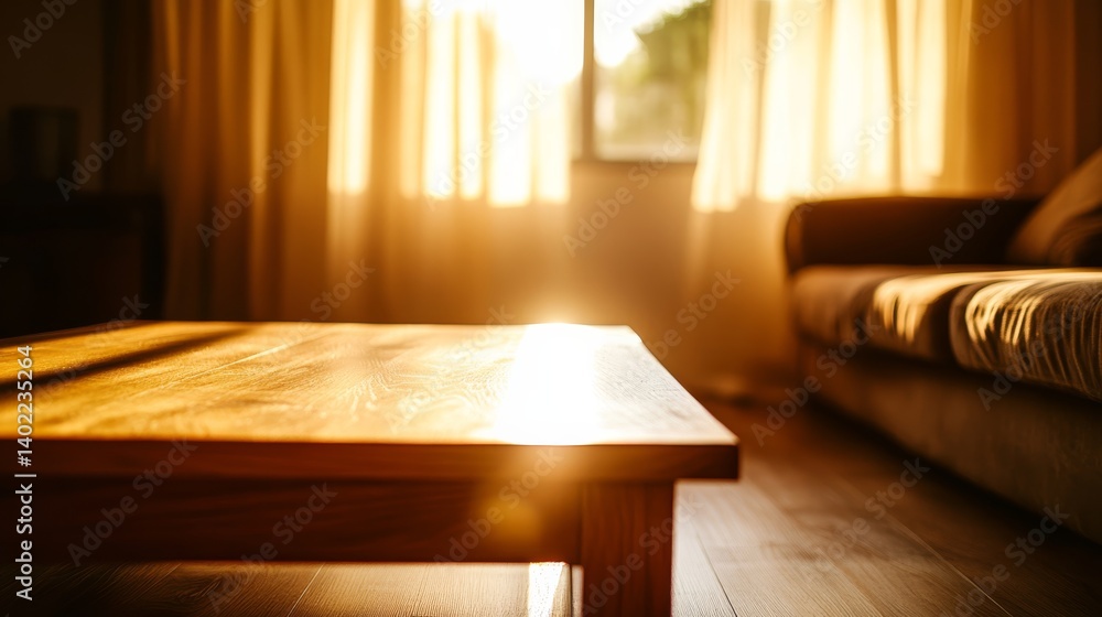 Poster sunlight fills a cozy living room, with sheer curtains swaying in the breeze. a wooden coffee table 