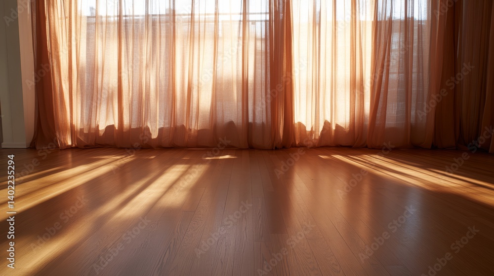 Poster sunlight filters through sheer curtains, creating a peaceful atmosphere in a spacious room. the wood