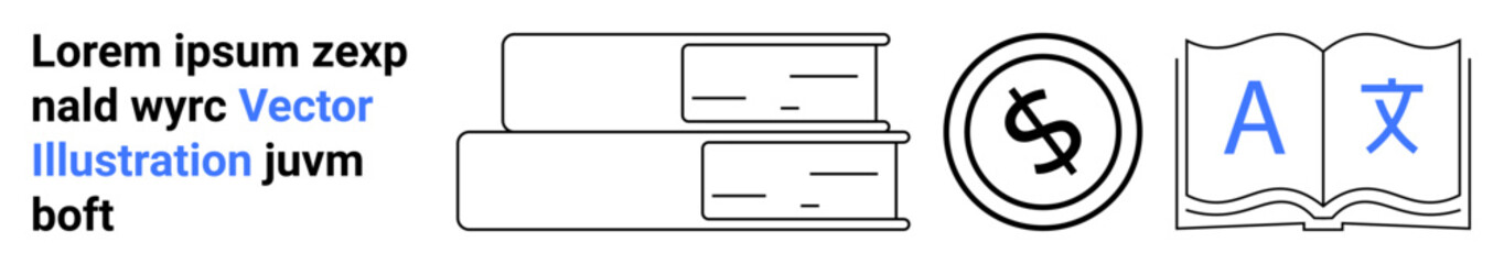Books stacked neatly, coin with dollar sign, open book illustrating multilingual learning. Ideal for education, financial literacy, language studies, publishing, academic research, e-learning