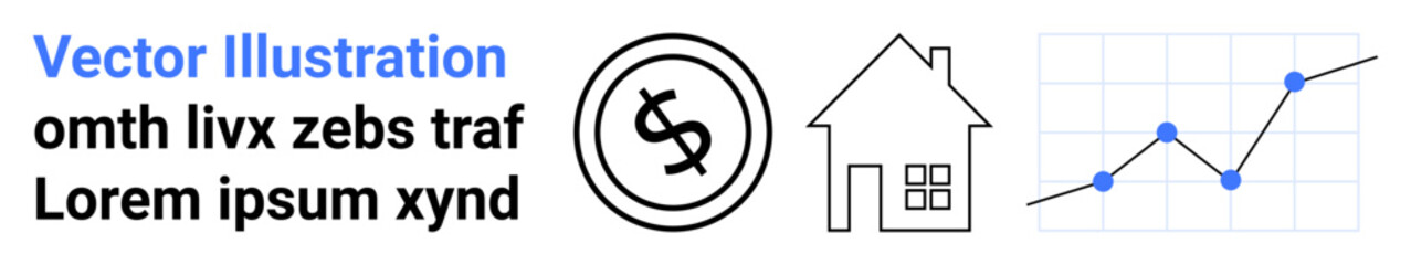 Dollar coin, house icon, and data line graph represent economic growth, real estate, and finance trends. Ideal for investment, business, data analysis, housing budgeting savings abstract line flat