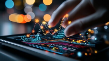 Hand interacting with holographic financial data on a tablet, showcasing growth and progress.