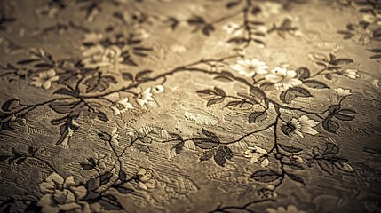 Elegant vintage floral tapestry with intricate embroidery patterns, featuring blooming flowers and vines on textured fabric in warm sepia tones, ideal for backgrounds, textile, and interior design the