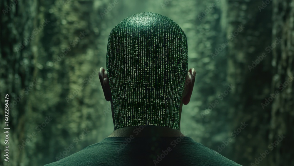 Poster the digital mind: a man's head is covered in binary code against a dark green foliage background