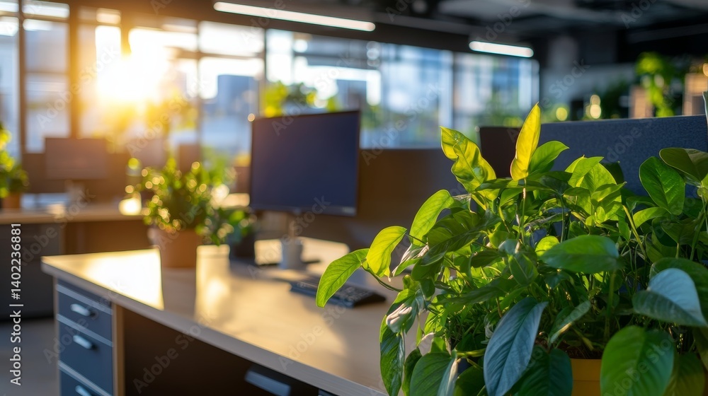 Poster bright and airy office space features contemporary desks adorned with potted plants and large window