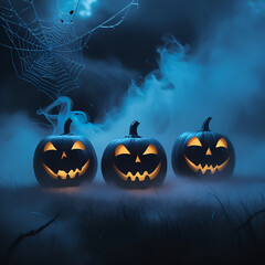 Mystical Halloween Atmosphere with Carved Pumpkins
