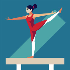 Gymnast performing an elegant balance pose on a beam in vector art 