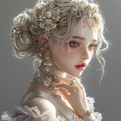 Elegant fantasy portrait of a royal woman with intricate jewelry, ornate lace dress, gemstone accessories, and detailed hairstyle in a magical, luxurious, and surreal artistic background.
