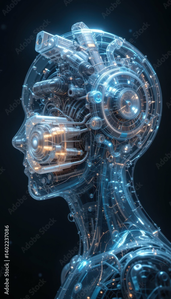 Poster futuristic transparent robot head with intricate mechanical details