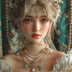 Elegant fantasy portrait of a royal woman with intricate jewelry, ornate lace dress, gemstone accessories, and detailed hairstyle in a magical, luxurious, and surreal artistic background.
