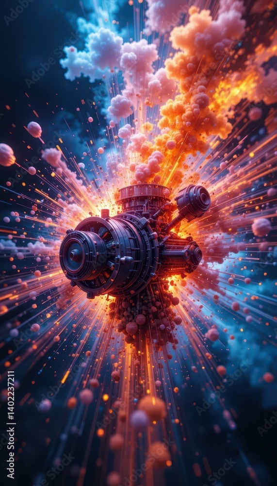Poster dynamic energy explosion with mechanical components and colorful effects