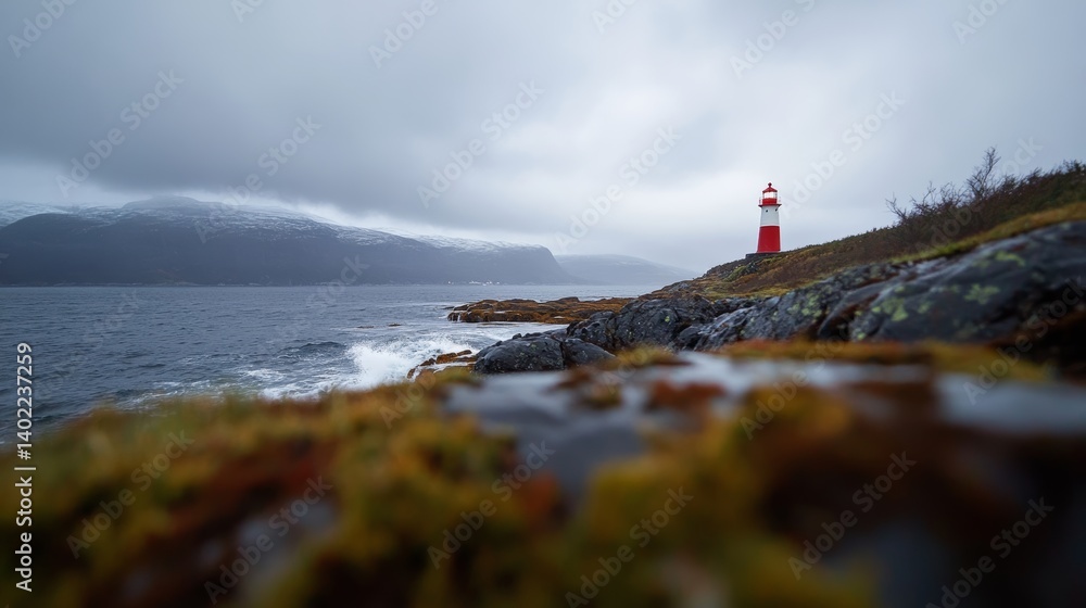 Poster a lighthouse towers over jagged coastal rocks while fierce waves crash below. its guiding beam break