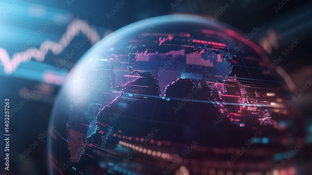 Aufkleber digital globe displaying global market data with graphs and statistics at night