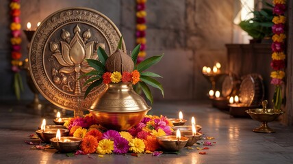 Akshaya Tritiya Celebration with Kalash, Diyas, and Floral Festive Decorations..