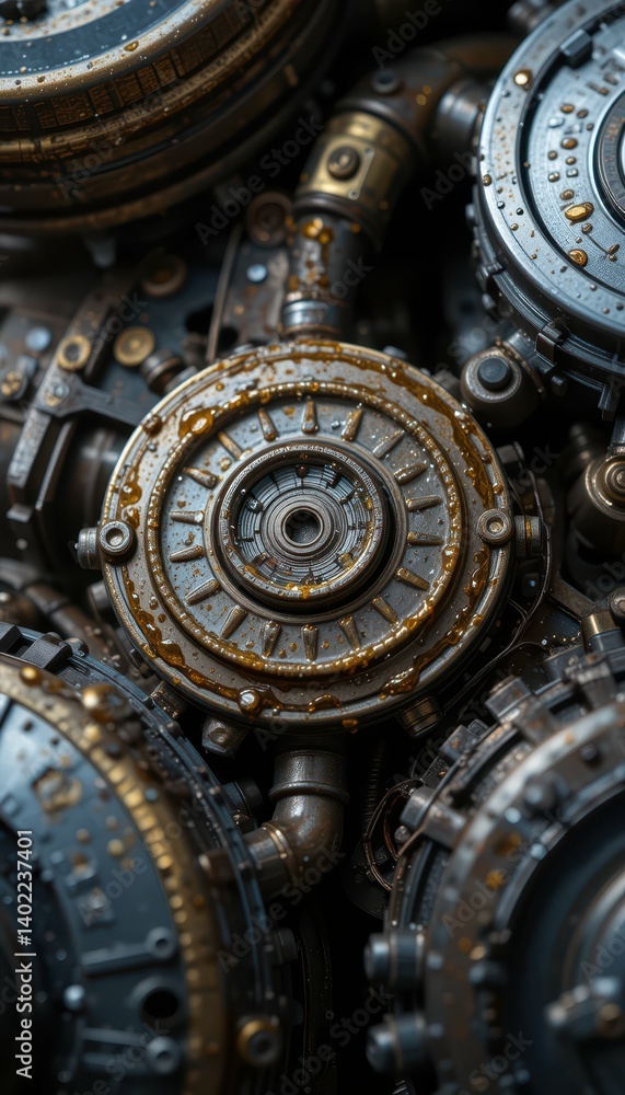 Poster close-up view of intricate mechanical gears with water droplets