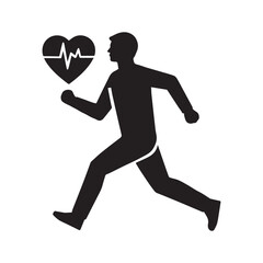 Man running with electrocardiogram and heart Silhouette black color silhouette White Background.