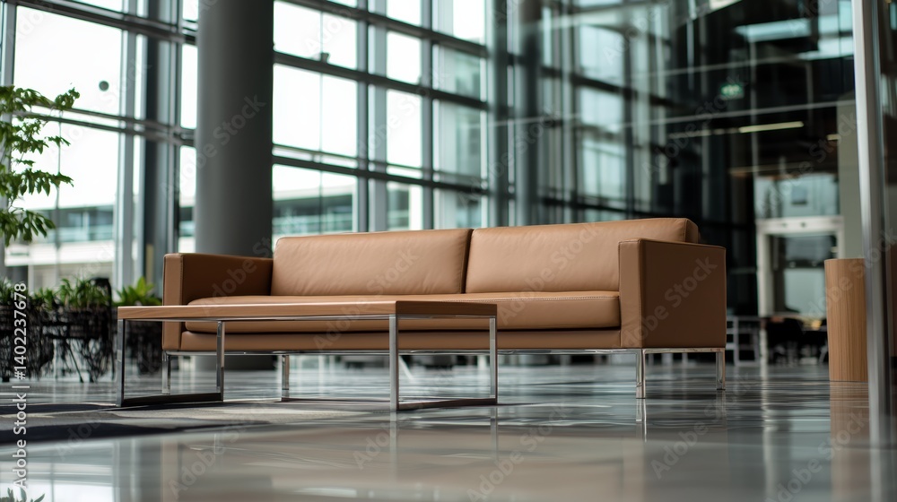 Poster wide-angle view of a serene living area with a beige sofa, coffee table, and tall windows that invit