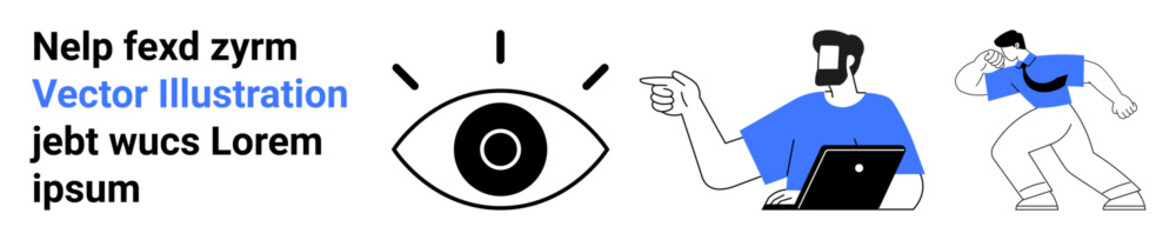 Open eye with emphasis lines, man gestures during laptop work, hooded figure sneaks. Ideal for surveillance, vision, observation, cybersecurity, awareness, caution flat landing page banner