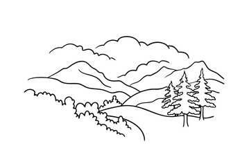 Minimalist Landscape Illustration With Mountains Trees And Clouds Black Outline On White