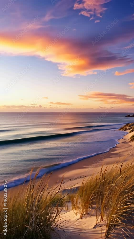 Poster seashore grass with rolling ocean waves and colorful twilight sky creating a peaceful and scenic atm