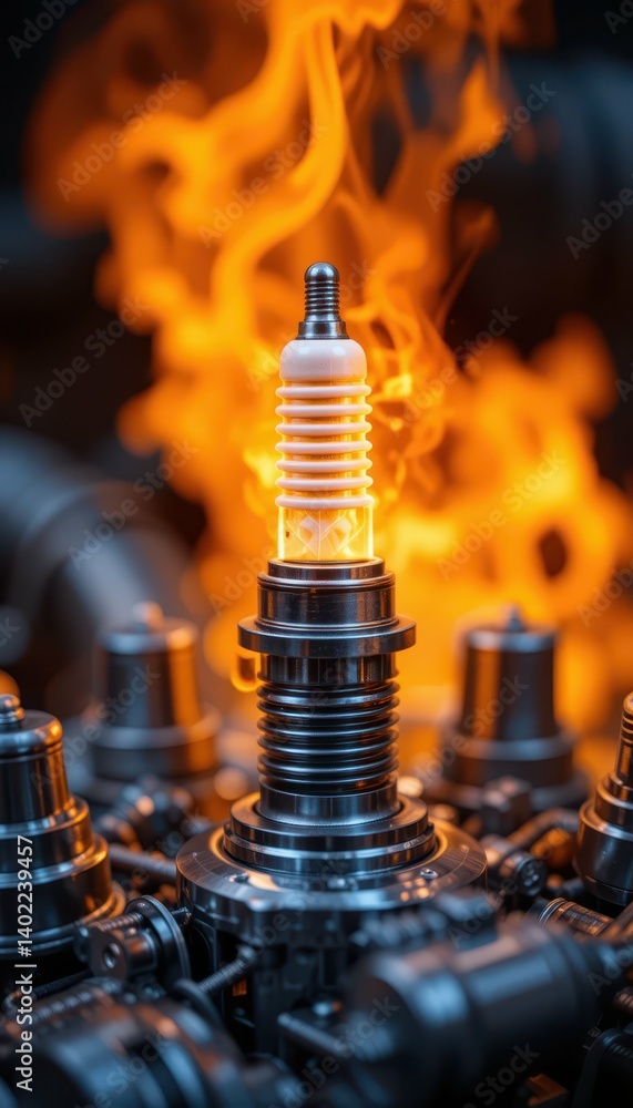 Aufkleber spark plug surrounded by flames in an engine setting