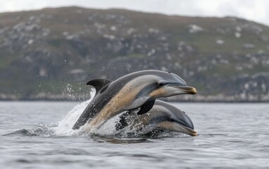 Obraz premium Striped Dolphins Leaping near Rocky Coast