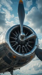 Close-up View of Vintage Aircraft Engine and Propeller Against Sky