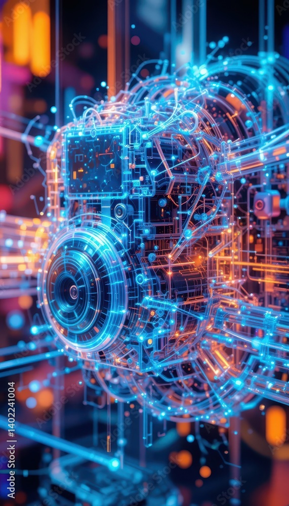Poster futuristic technology interface with vibrant neon circuit patterns