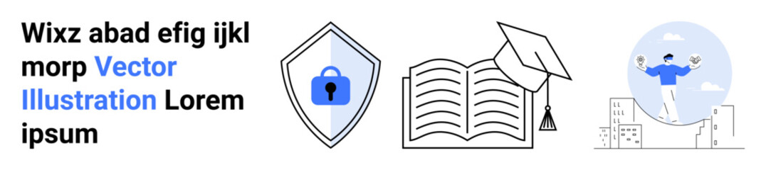 Open book with graduation cap, shield with lock, and person balancing on graphs. Ideal for education, security, e-learning, personal growth, data protection, academic success flat landing page