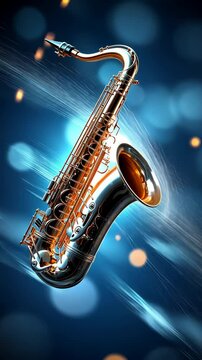 Shiny Saxophone in Vibrant Blue Background with Soft Bokeh Lights and Dynamic Motion Effects
