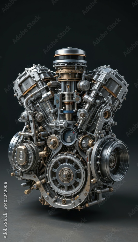 Poster intricate mechanical engine design with metallic components and details
