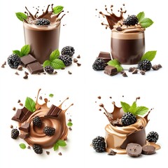 Circular chocolate milk splashing swirl with blackberry slices and leaves, isolate on white background. Mix Collection.