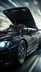 Fototapeta premium Sleek Black Sports Car with Open Hood and Powerful Engine Detail