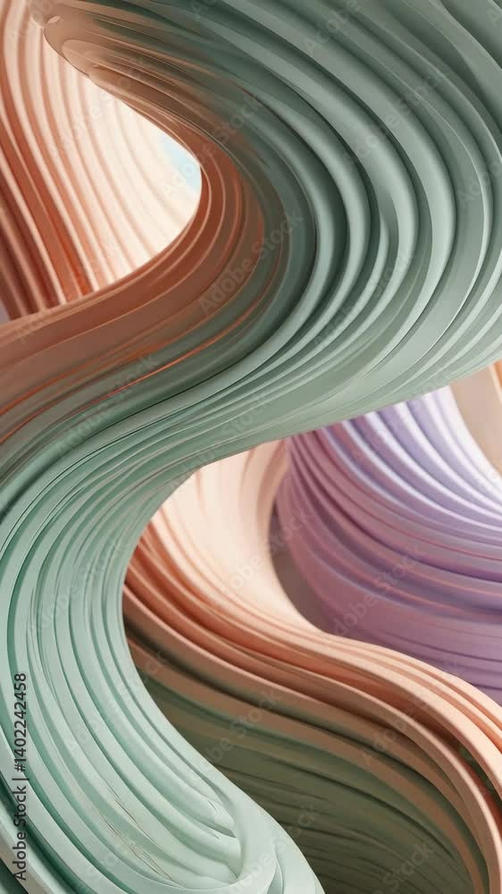 Poster abstract background of twisted, colorful pastel shapes forming a dynamic, rippling wave pattern with