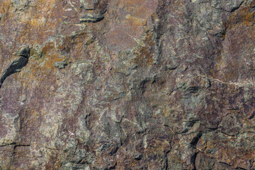 Close-up texture of a rough, multi-colored metamorphic rock surface in Kyrgyzstan.