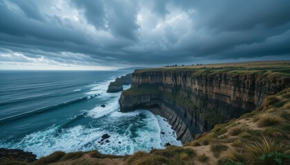 Obraz premium Dramatic Coastal Cliffs Under Cloudy Sky with Ocean Waves