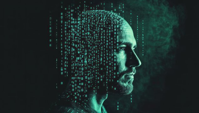 Digital Mind: Man's Profile Transformed into Binary Code