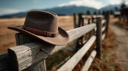 Peaceful brown cowboy hat resting on wooden fence in rural countryside